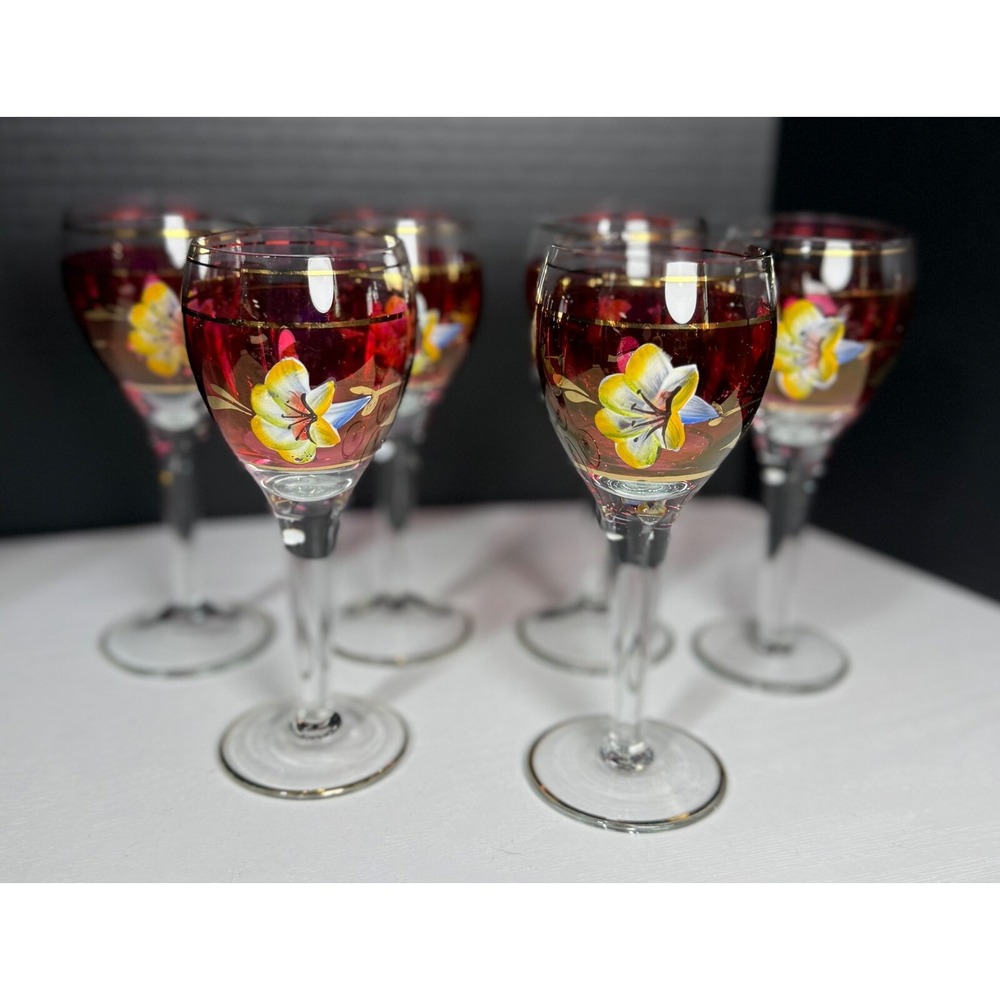 VINTAGE CZECH 6 LONG STEM WINE GLASSES RED WITH HAND PAINTED ENAMALED FLOWERS